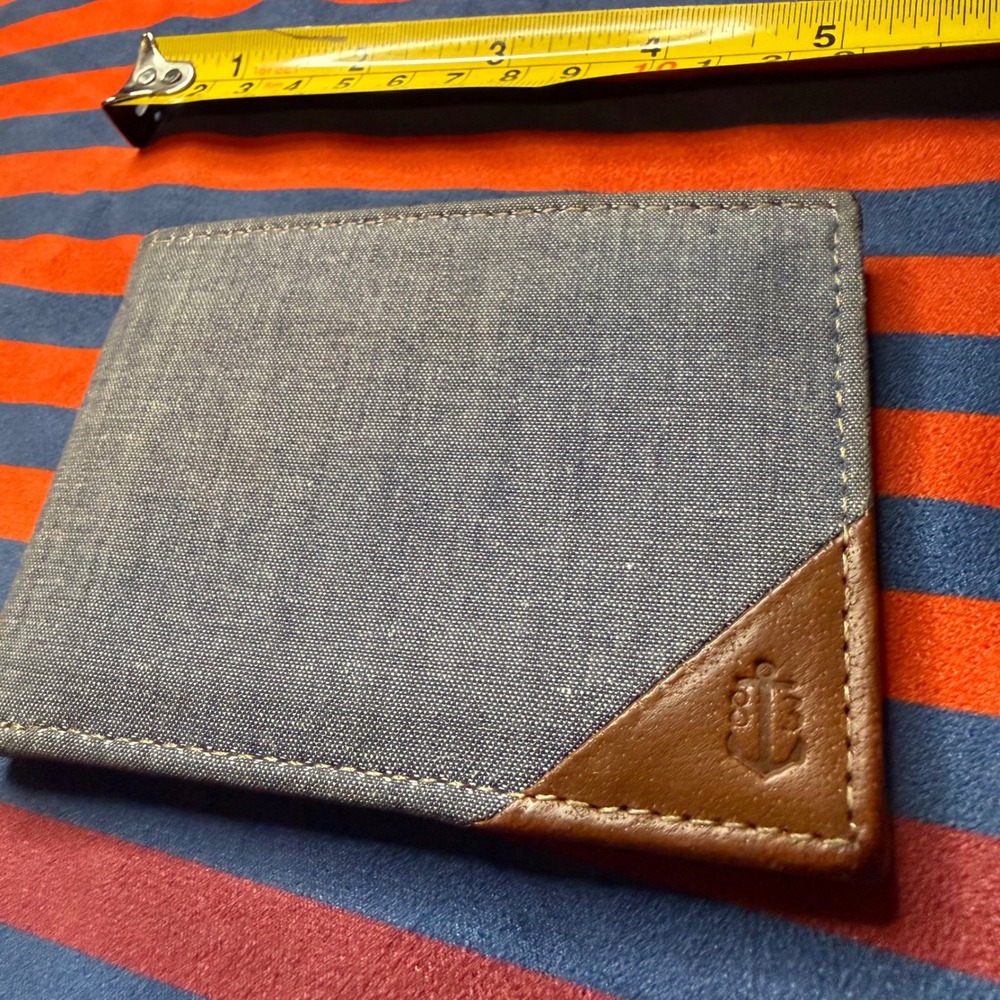 Nautica Mens Bifold Wallet Gray Canvas Brown Leather Trim Card Billfold